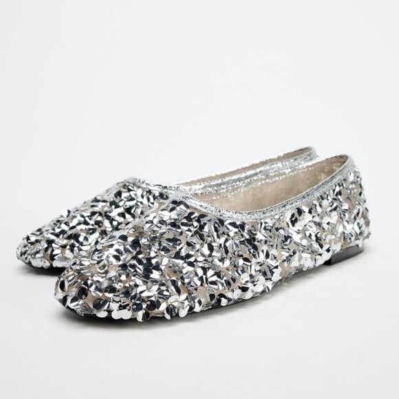 NWT Zara silver sequin ballerina flats, 7.5 - Picture 2 of 13